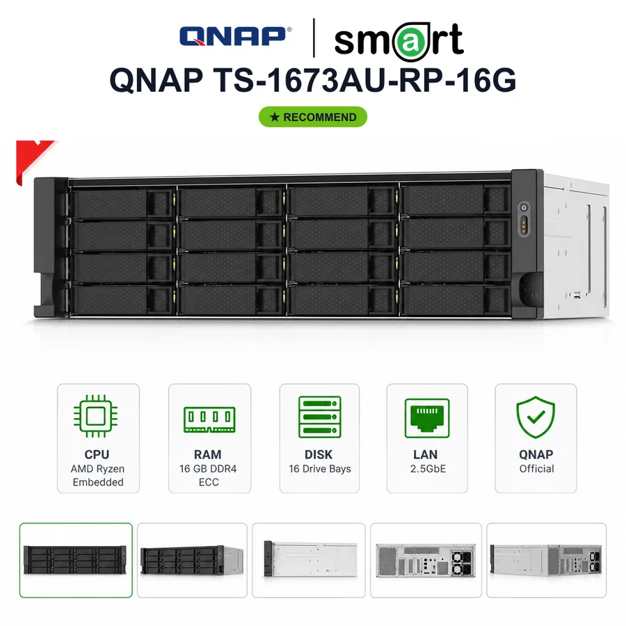 QNAP TS-1673AU-RP-16G NAS Rackmount 3U 16-Bay AMD Ryzen V1500B 2.5GbE ECC RAM 16GB