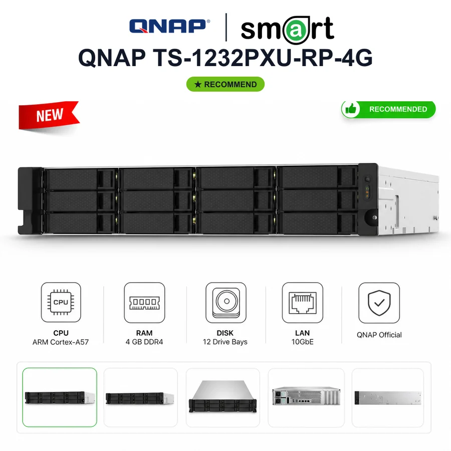 QNAP TS-1232PXU-RP-4G NAS Rackmount 2U 12-Bay ARM Quad-core 10GbE SFP+ 2.5GbE RAM 4GB