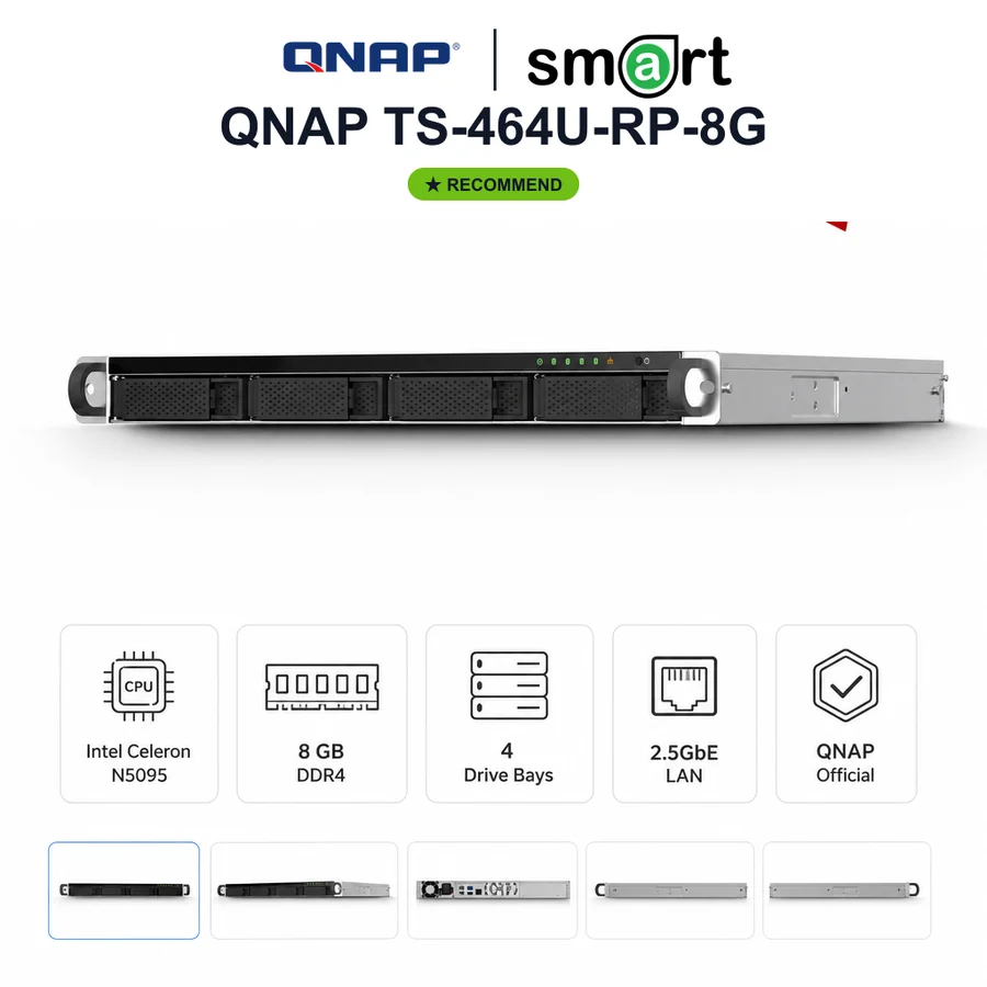 QNAP TS-464U-RP-8G NAS Rackmount 1U 4-Bay Intel Celeron 2.5GbE M.2 RAM 8GB