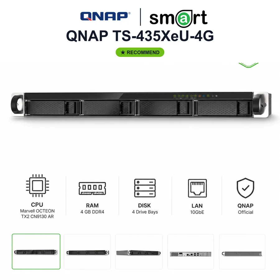 QNAP TS-435XeU-4G NAS Rackmount 1U Short Depth 4-Bay Marvell 10GbE SFP+ 2.5GbE RAM 4GB