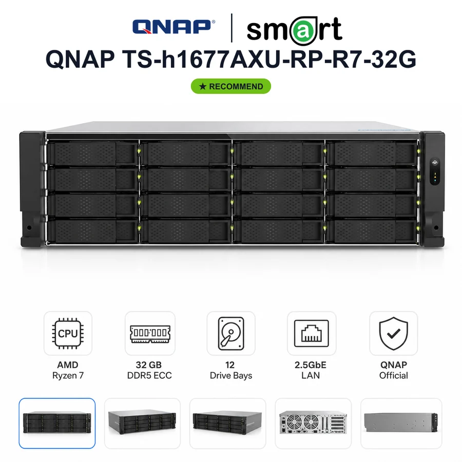 QNAP TS-h1677AXU-RP-R7-32G NAS Rackmount 3U Ryzen 7 16-Bay DDR5 ECC RAM 32GB