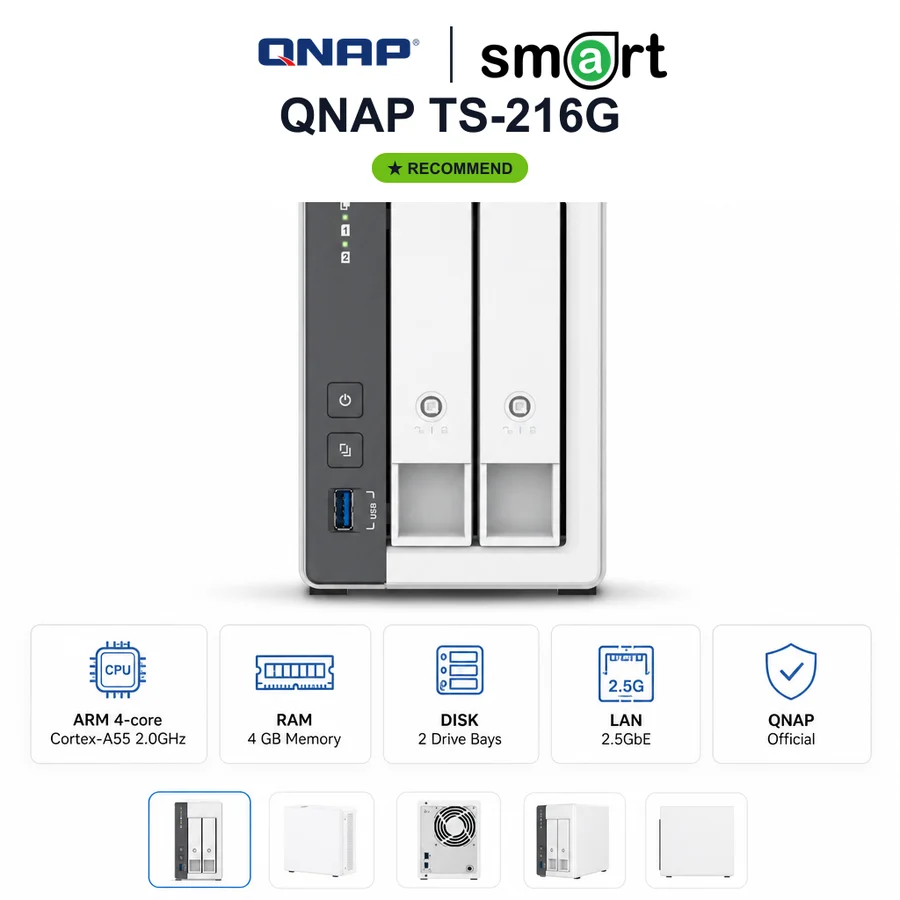 QNAP TS-216G NAS Desktop 2-Bay ARM Cortex-A55 2.0GHz 2.5GbE RAM 4GB